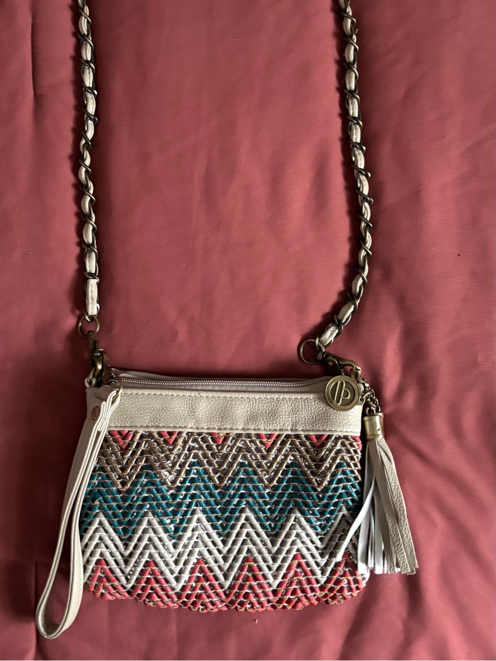 Big Buddha Boho Chevron Woven Crossbody Bag / wristlet . Gold, Orange, Teal
